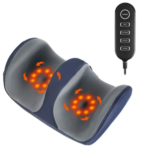 SenCare Comfort Massager navy blue and gray shiatsu foot massager with orange heat nodes and rotating kneading arrows shown with black wired handheld controller featuring power mode intensity and heating buttons white background