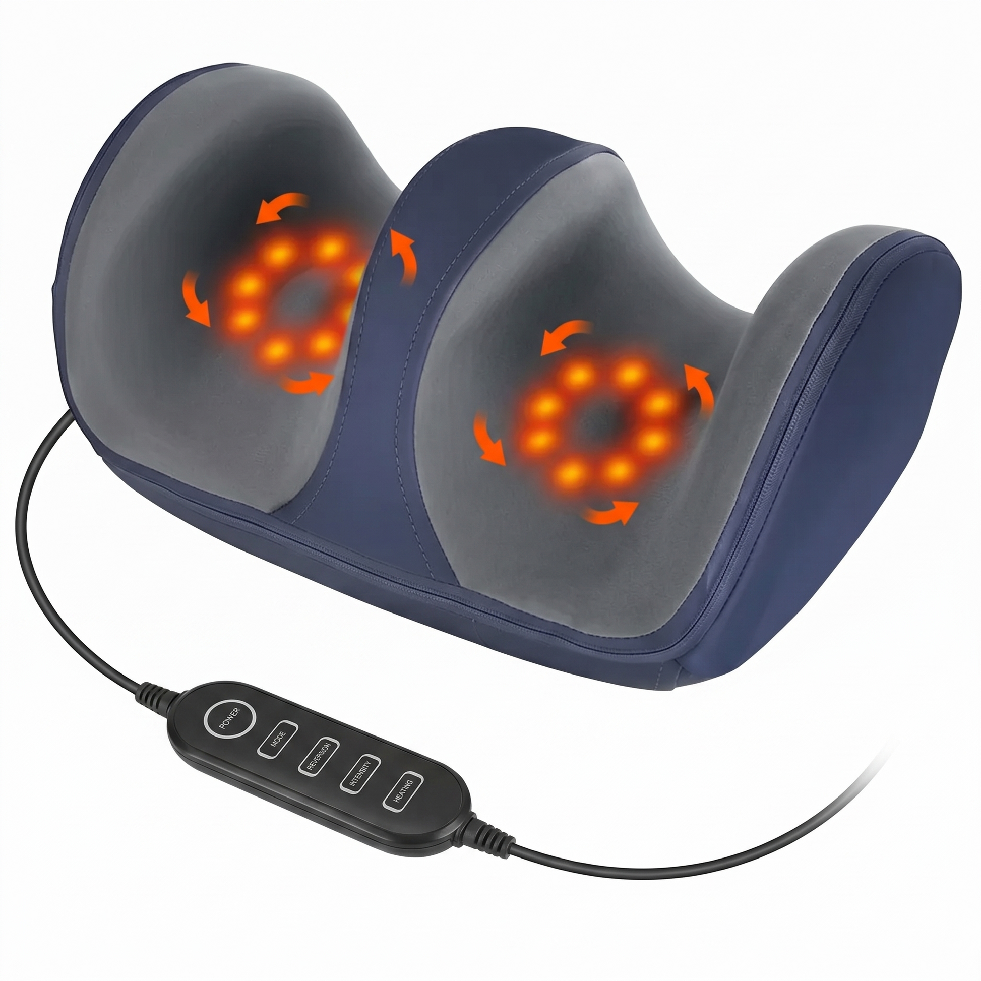 SenCare Comfort Massager navy blue and gray shiatsu foot massager two chambers with orange glowing heat nodes and rotating kneading arrows wired handheld controller with power mode reversion intensity and heating buttons white background
