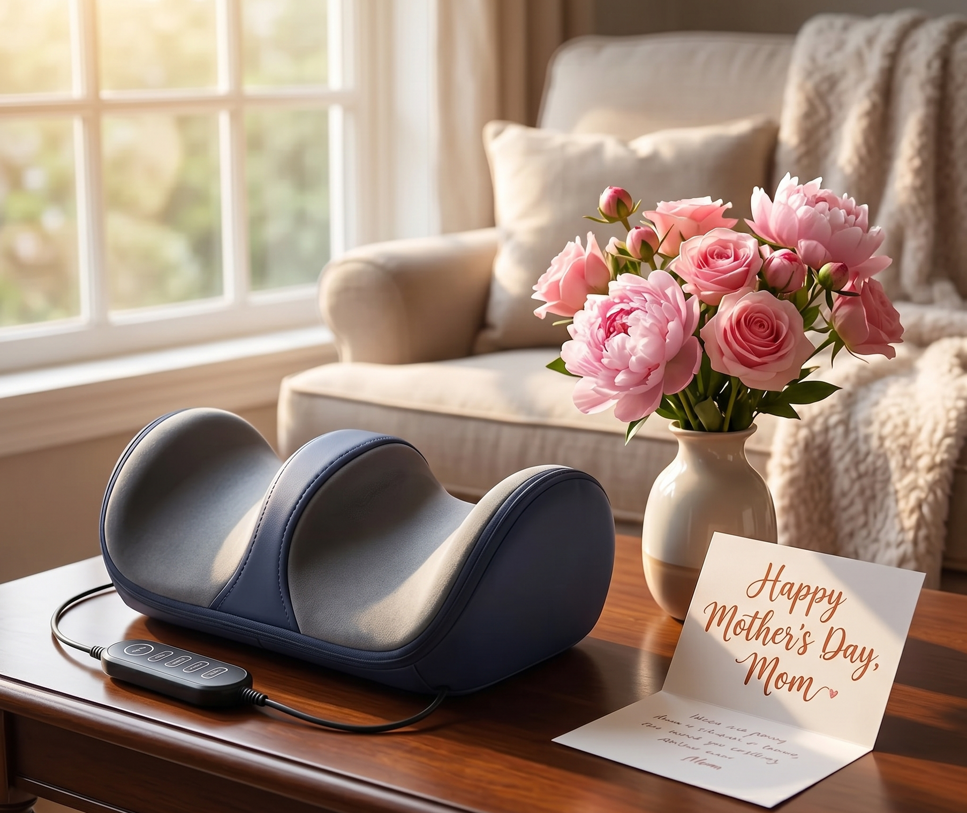 SenCare Comfort Massager navy blue shiatsu foot massager on wooden table with Happy Mothers Day Mom greeting card pink peonies and roses in vase wired controller warm sunlit living room gift for mom