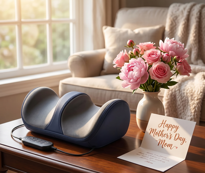 SenCare Comfort Massager navy blue shiatsu foot massager on wooden table with Happy Mothers Day Mom greeting card pink peonies and roses in vase wired controller warm sunlit living room gift for mom