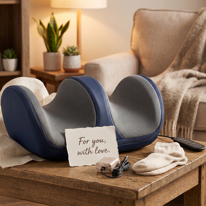 SenCare Comfort Massager navy blue shiatsu foot massager gift set on wooden table with handwritten card saying For you with love wired controller and cozy socks warm home living room background