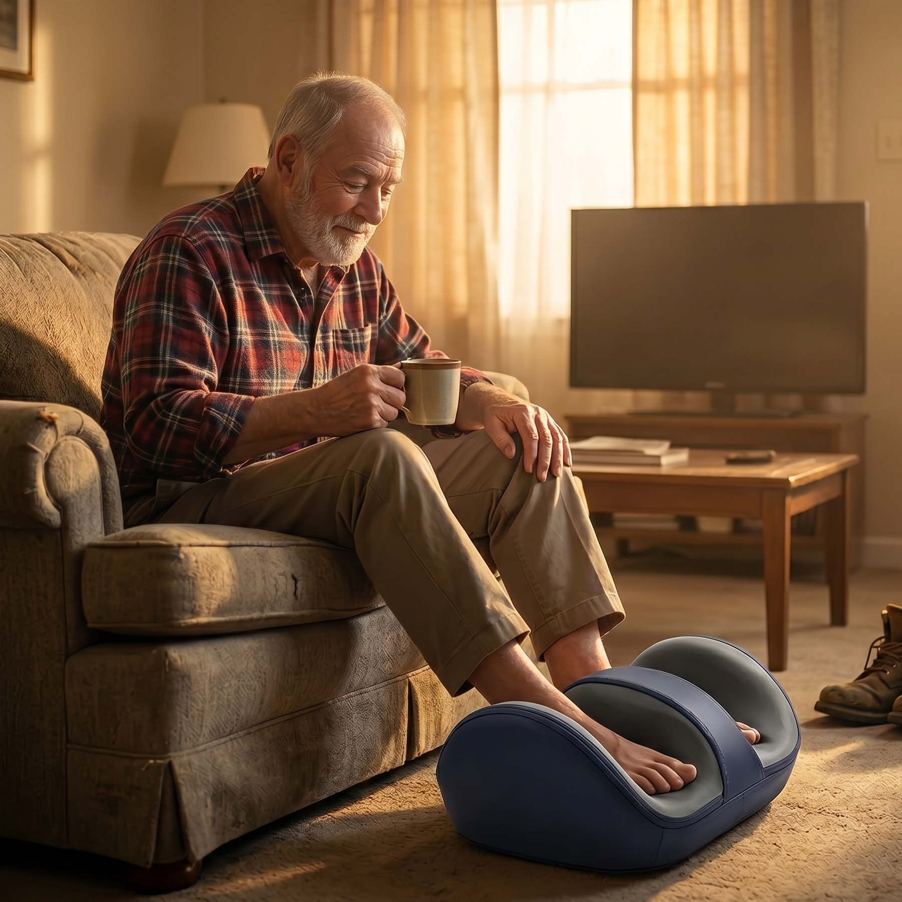 Elderly man sitting on sofa holding coffee cup with feet in SenCare Comfort Massager navy blue shiatsu foot massager warm living room work boots beside him golden morning light gift for dad Father's Day