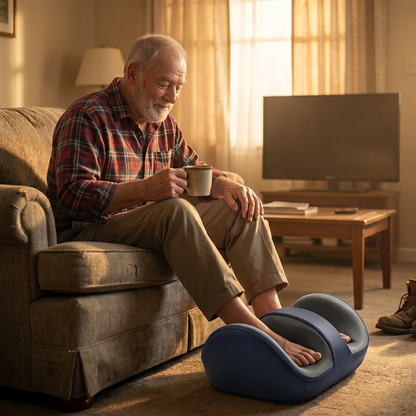 Elderly man sitting on sofa holding coffee cup with feet in SenCare Comfort Massager navy blue shiatsu foot massager warm living room work boots beside him golden morning light gift for dad Father's Day