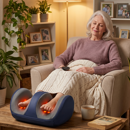Elderly woman relaxing in armchair with eyes closed using SenCare Comfort Massager navy blue shiatsu foot massager with orange heat nodes glowing holding wired controller cozy home living room family photos in background