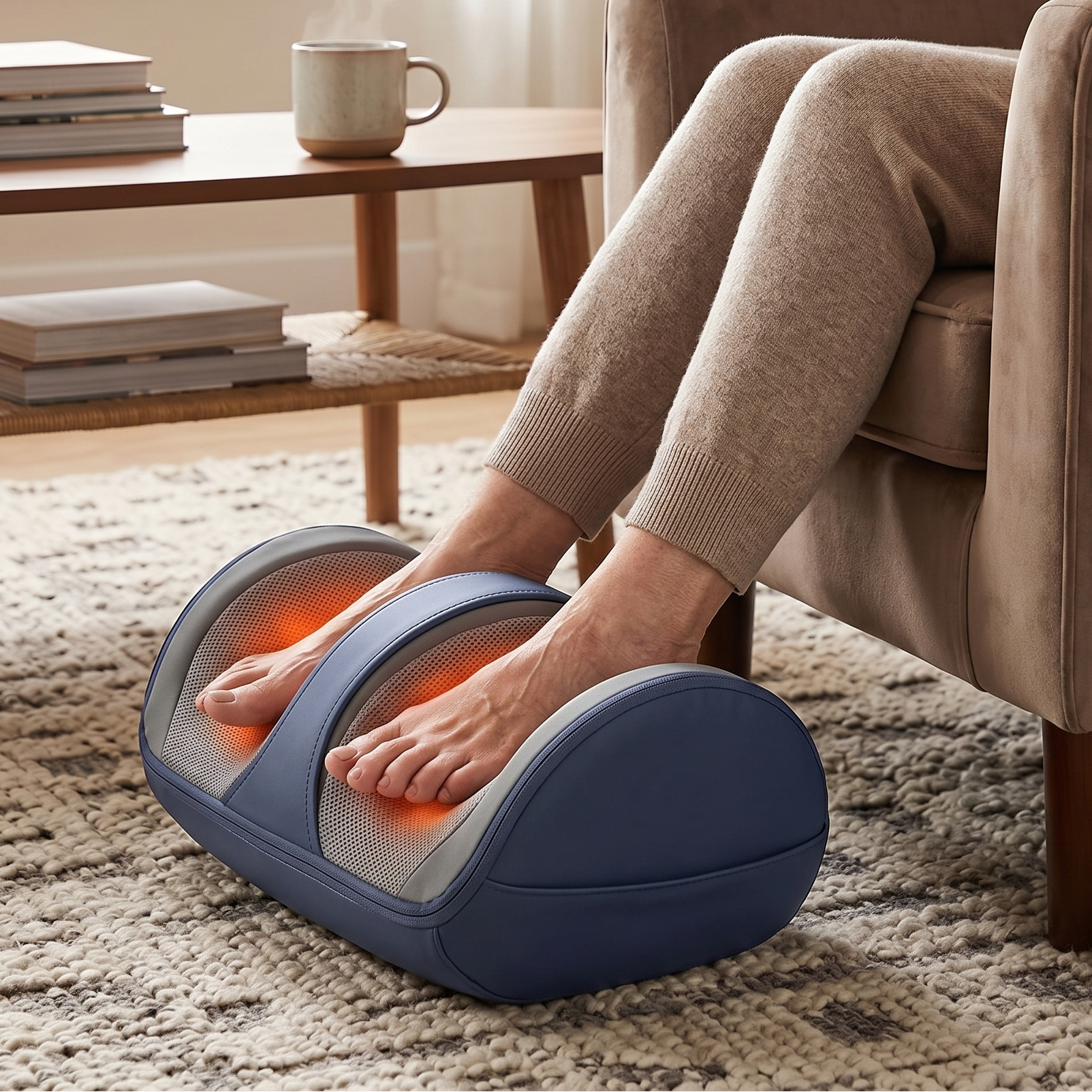 Person sitting in armchair with feet inside SenCare Comfort Massager navy blue shiatsu foot massager orange heat nodes glowing wired controller in hand steaming tea cup on coffee table cozy living room senior foot relief