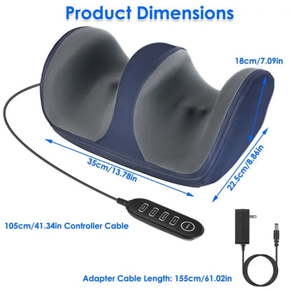 SenCare Comfort Massager product dimensions diagram navy blue shiatsu foot massager 35cm wide 22.5cm deep 18cm tall wired controller cable 105cm adapter cable 155cm two foot chambers gray mesh