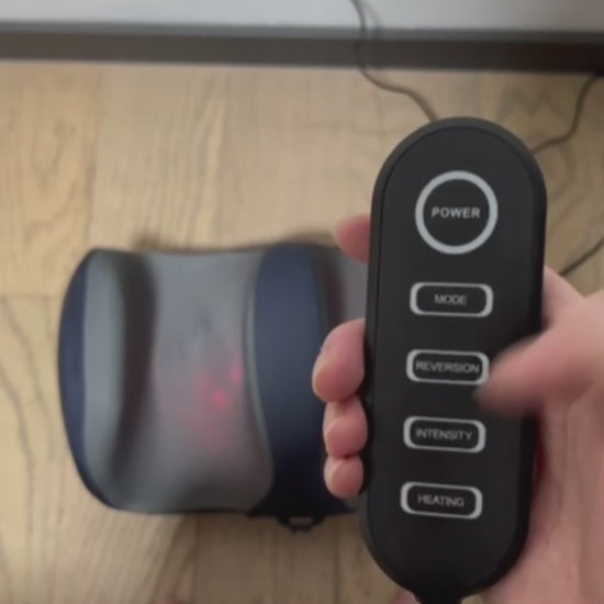 SenCare Comfort Massager in use showing shiatsu heat therapy nodes and handheld controller with heat, intensity, and mode settings