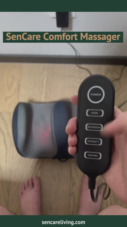 SenCare Comfort Massager in use showing shiatsu heat therapy nodes and handheld controller with heat, intensity, and mode settings